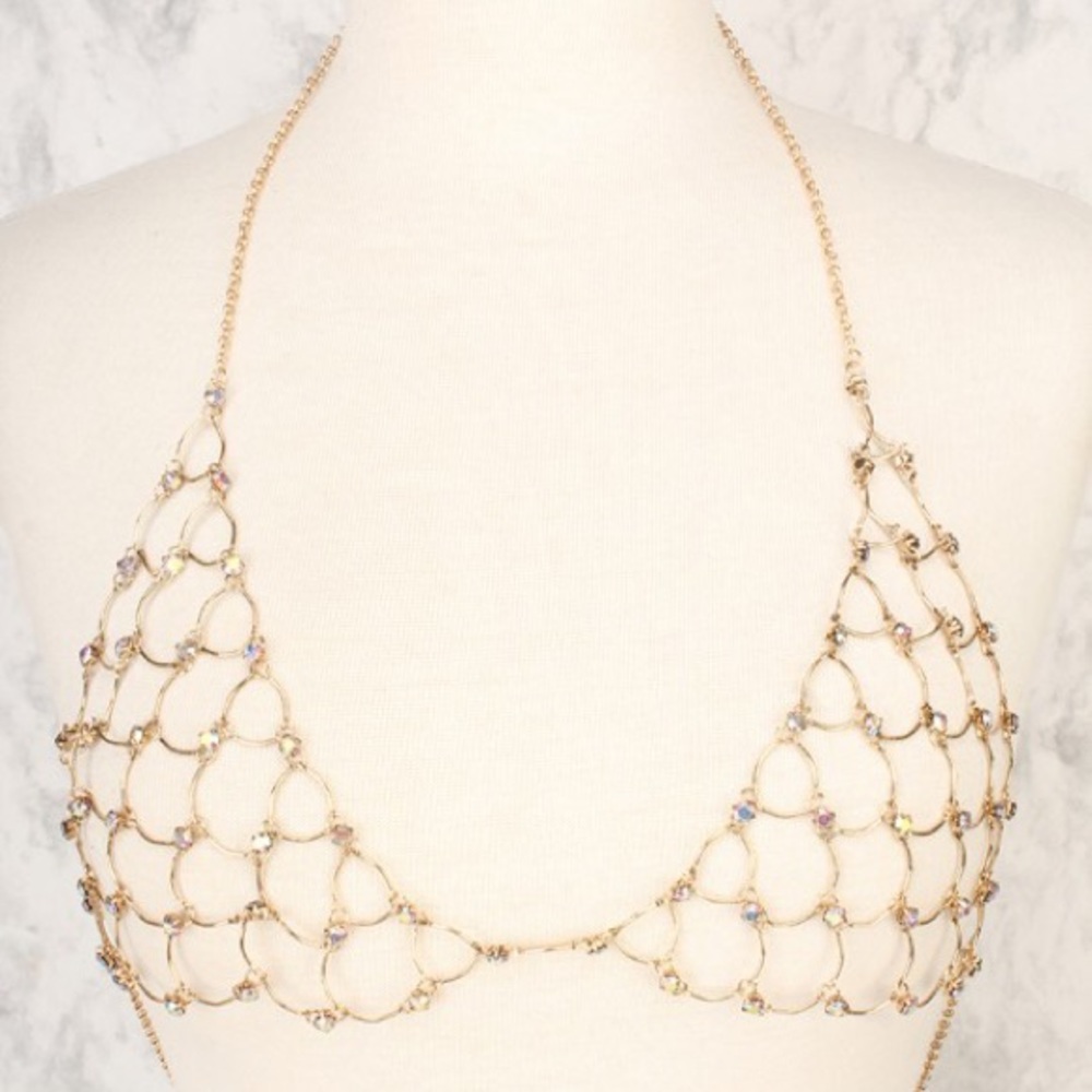 Sexy Gold Accent Cut Out Body Bra Chain Bralette